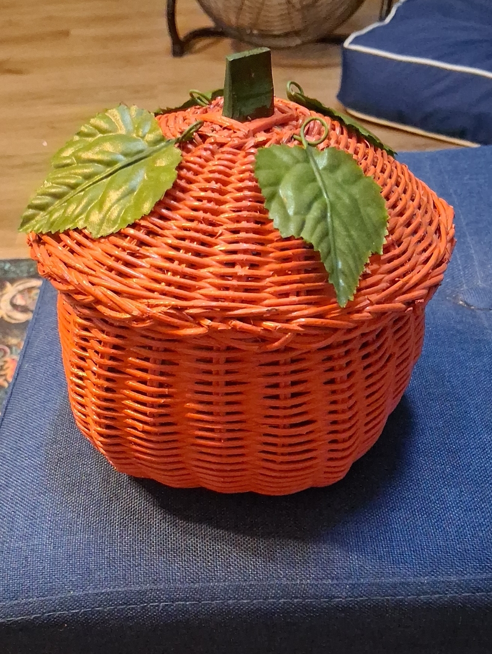 Vintage Orange Wicker Apple Basket with Green Leaves - Picture 1 of 4